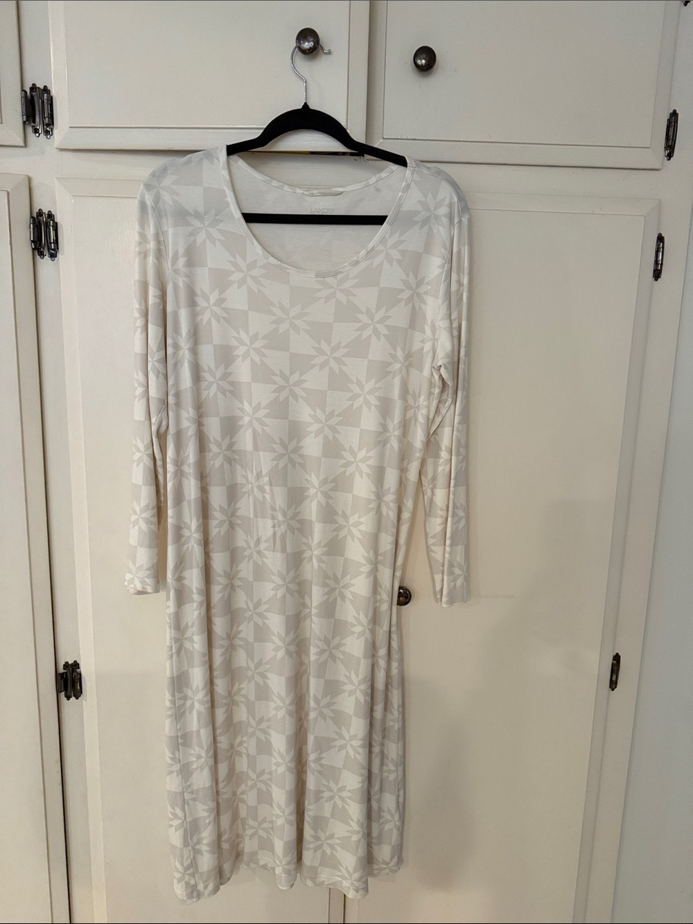 Lands' End Cream Long-Sleeve Floral Geometric Midi Dress